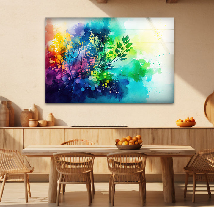 Vibrant Botanical Splash Wall Art – Colorful Nature-Inspired Glass Print for Creative Spaces