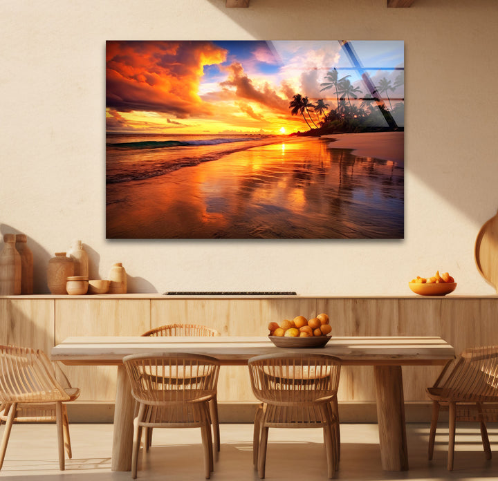 Fiery Tropical Sunset Wall Art – Vibrant Beach Reflection Glass Print for Bold Interiors