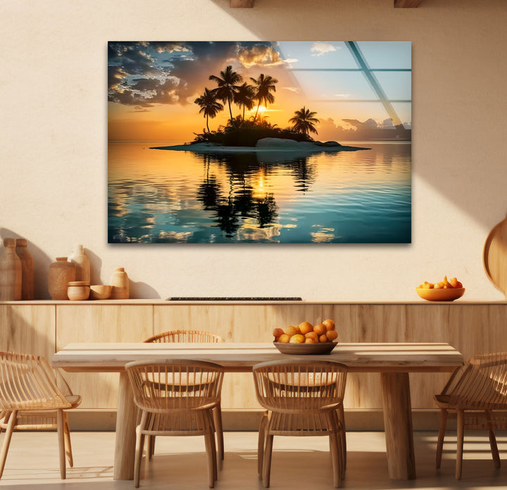 Tropical Island Sunset Wall Art – Serene Beach Glass Print for Relaxing Interiors