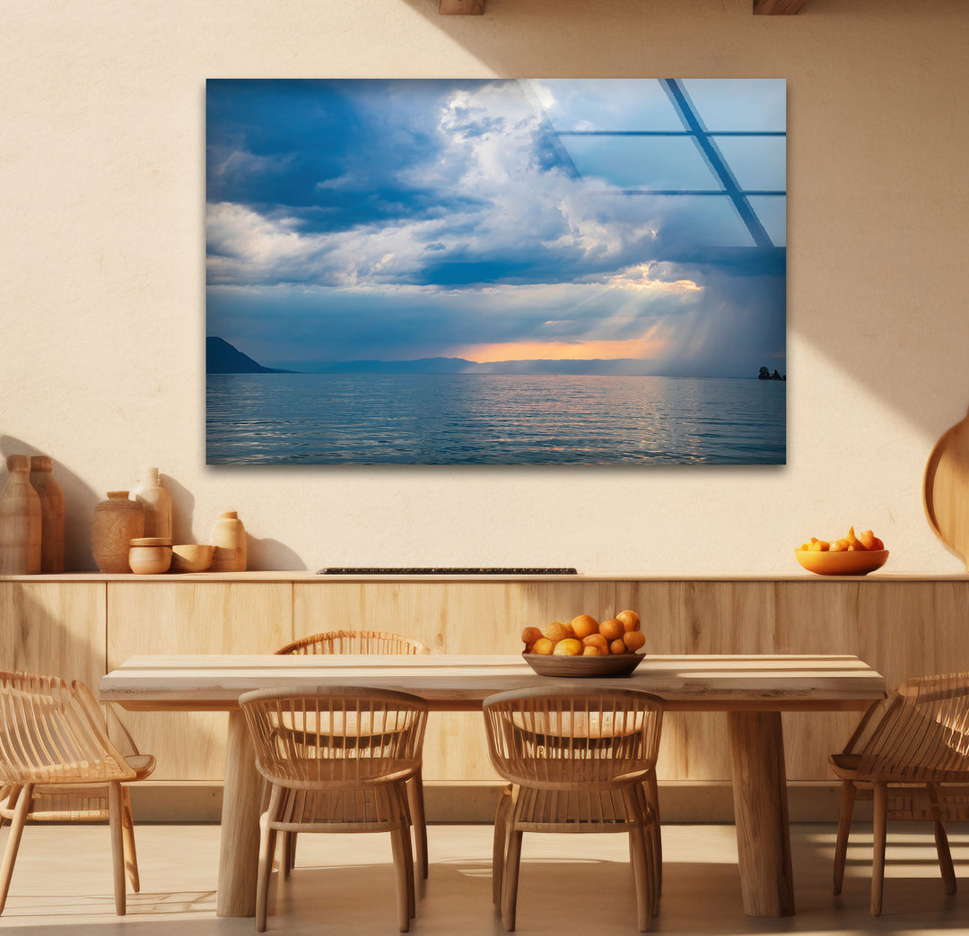 Stormy Ocean Sunset Wall Art – Moody Sea Glass Print with Sunlight Rays