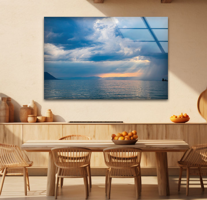 Stormy Ocean Sunset Wall Art – Moody Sea Glass Print with Sunlight Rays