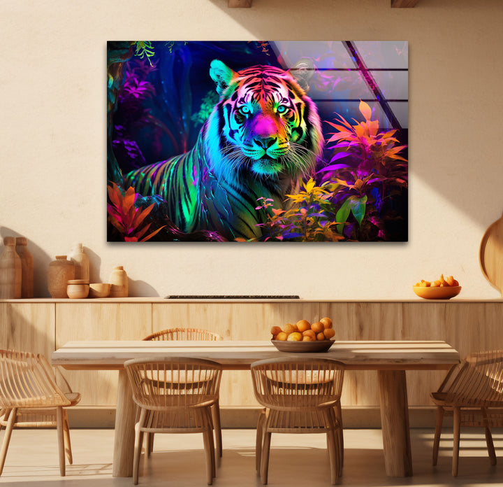 Neon Jungle Tiger Wandkunst – Lebendiger Wildlife-Glasdruck für mutige Innenräume