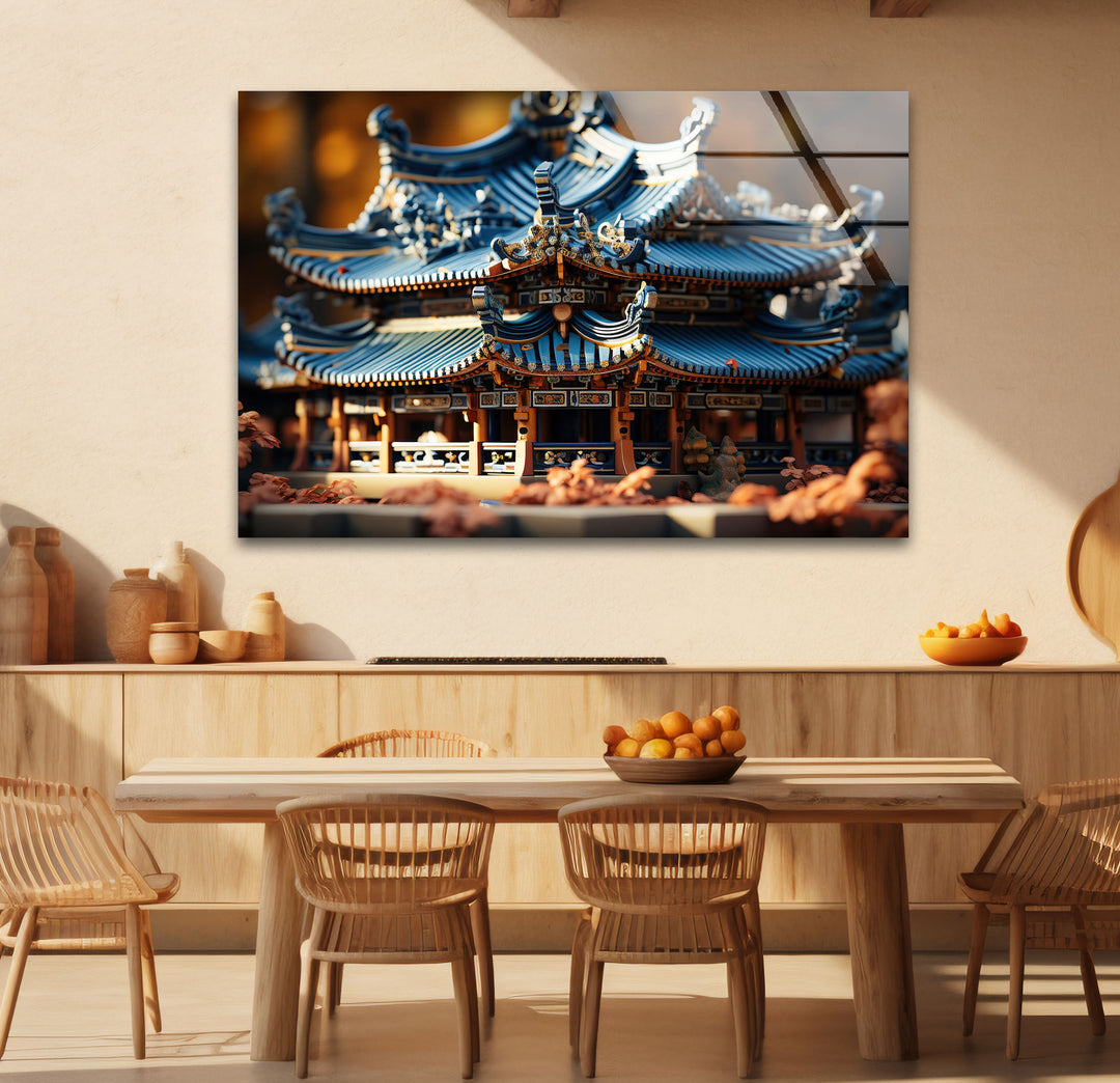 Traditional Asian Temple Wall Art – Blue Pagoda Architecture Glass Print for Cultural Decor
