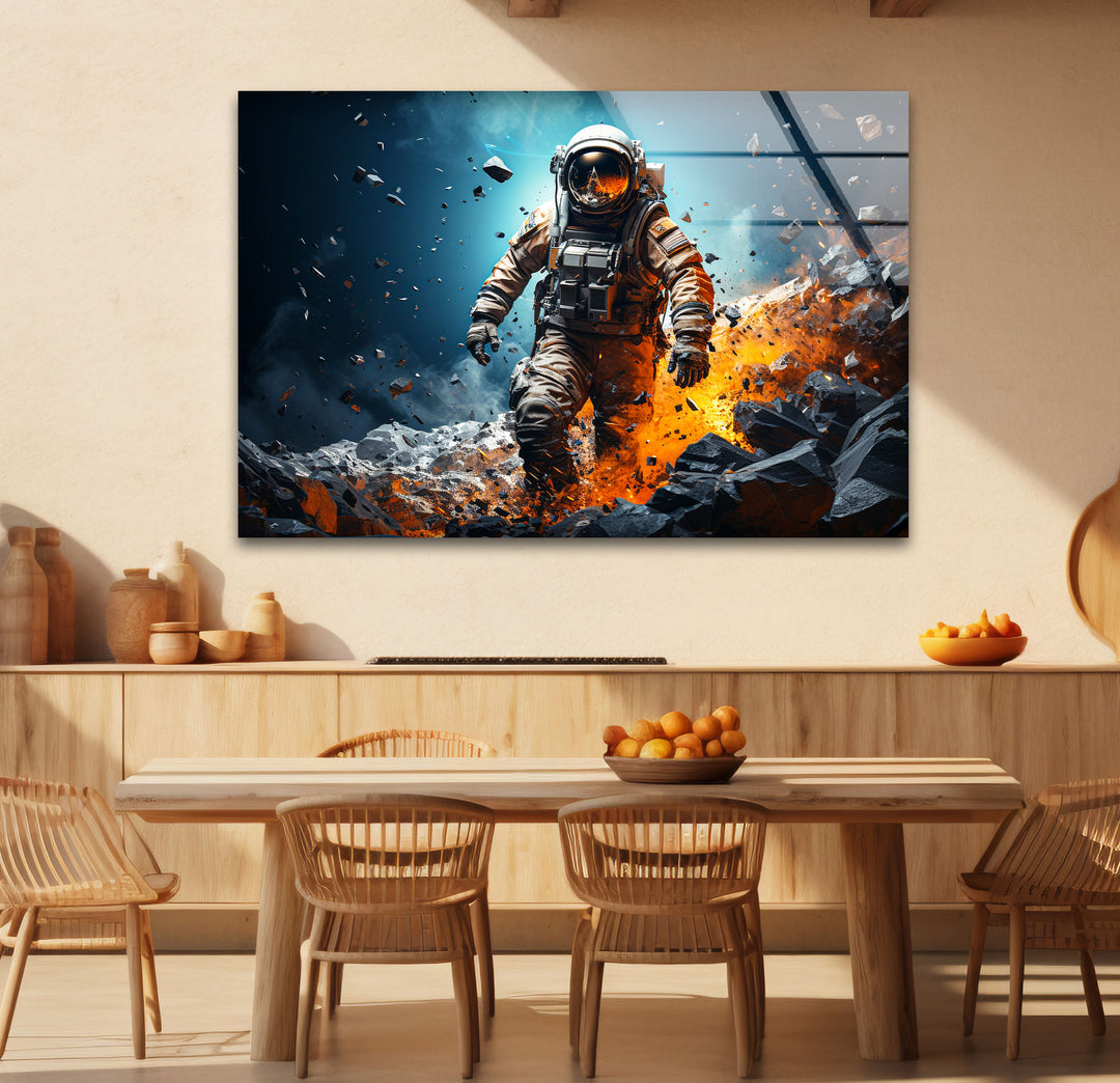 Explodierende Astronauten-Wandkunst – Weltraum-Feuer- und Steinglasdruck für mutige Innenräume
