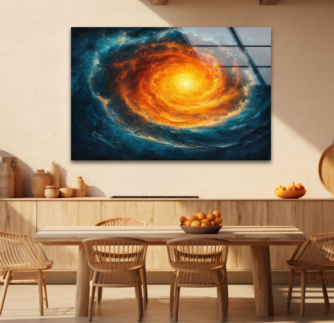 Abstrakte Glaswandkunst mit Spiralgalaxie