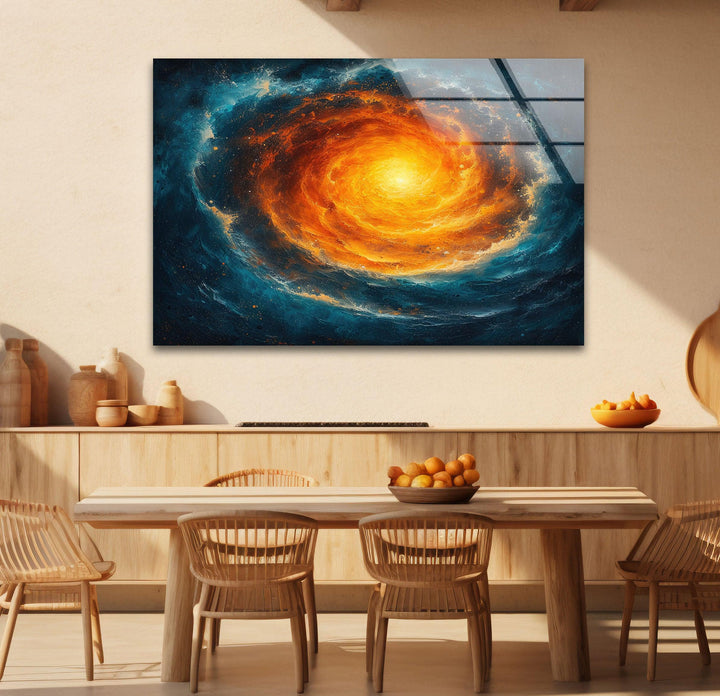Abstrakte Glaswandkunst mit Spiralgalaxie