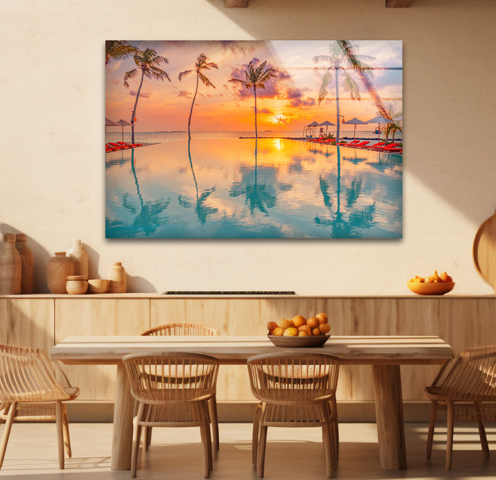 Luxury Tropical Sunset Wall Art – Infinity Pool & Palm Tree Glass Print for Coastal and Resort-Inspired Interiors