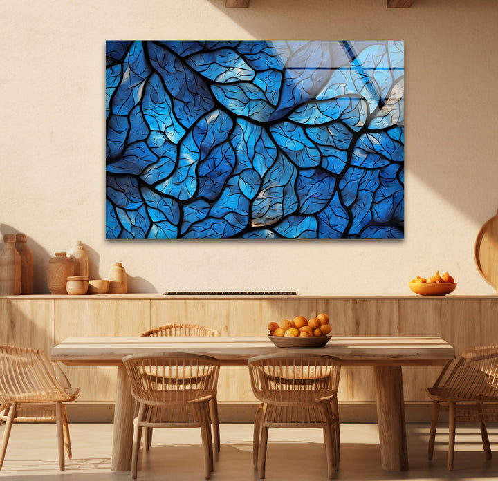 Blaues Blattmosaik-Wandbild – Abstrakter Naturglasdruck für modernes Dekor