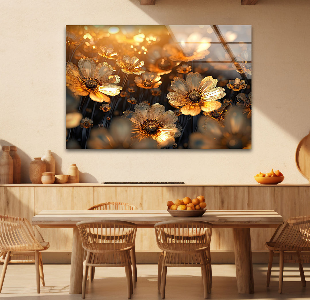 Goldene Gänseblümchenblüten-Wandkunst aus Glas – Strahlende florale Eleganz 