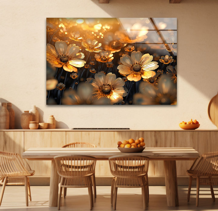 Goldene Gänseblümchenblüten-Wandkunst aus Glas – Strahlende florale Eleganz 