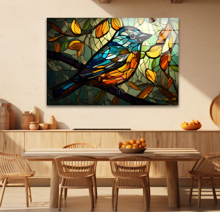 Stained Glass Bird Wall Art – Colorful Songbird on Branch, Nature-Inspired Decor