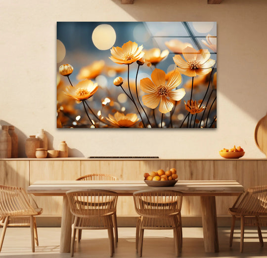 Captivating depth and layers are showcased in this golden petal bloom glass art painting, with elegant yellow flowers creating a mesmerizing floral design.