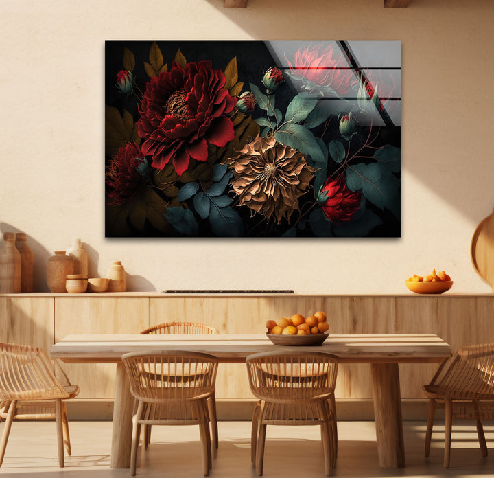 Dark Floral Elegance Wall Art – Red & Gold Botanical Glass Print