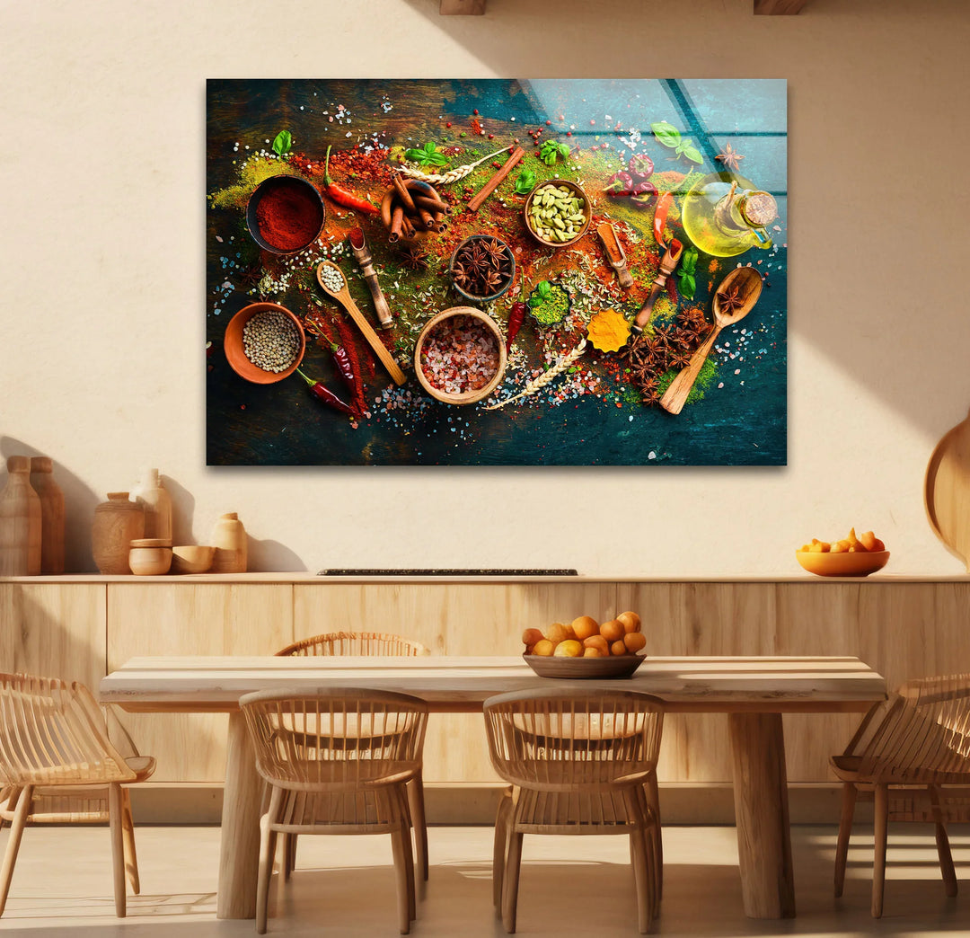 Colorful spices and herbs glass wall art displayed above a wooden dining table adds rustic kitchen decor with vibrant reds, greens, and browns in a horizontal format.