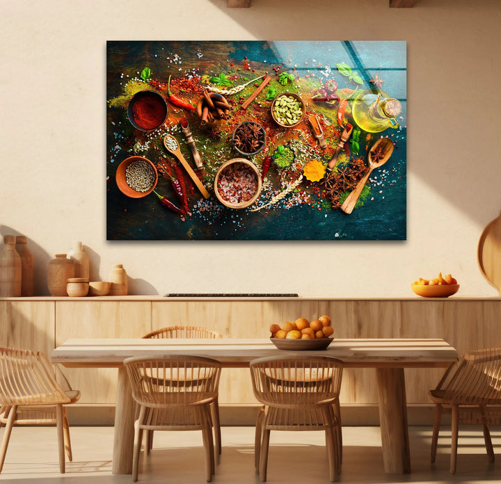 Colorful spices and herbs glass wall art displayed above a wooden dining table adds rustic kitchen decor with vibrant reds, greens, and browns in a horizontal format.