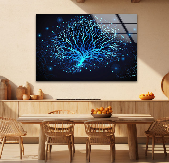 Neural Tree Wandkunst – Futuristischer blauer Nervenmuster-Glasdruck für elegante Innenräume