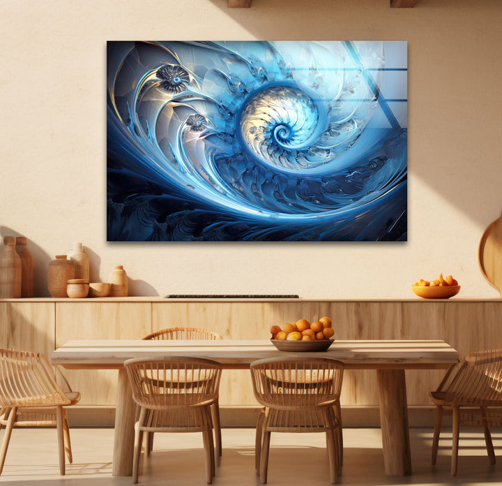 Blue Fractal Spiral Wall Art – Abstract Nautilus Glass Print for Modern Interiors