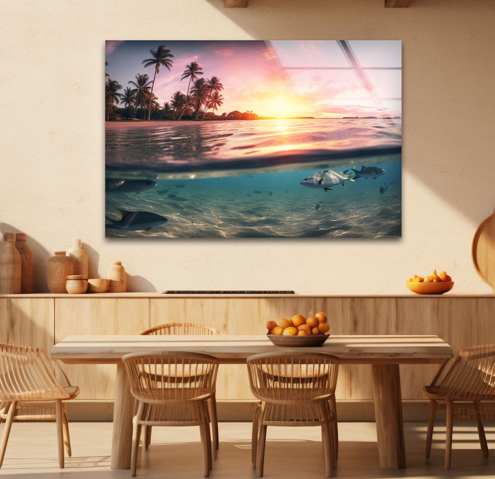 Tropical Ocean Split View Wall Art – Sunset and Underwater Scene Glass Print