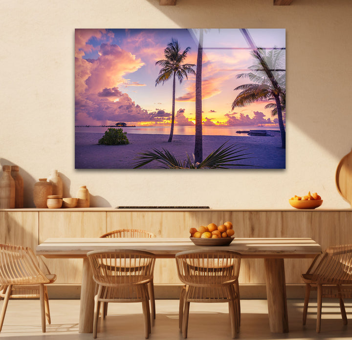 Tropical Sunset Beach Wall Art – Vibrant Palm Tree Ocean Scene Glass Print for Relaxing Home Decor