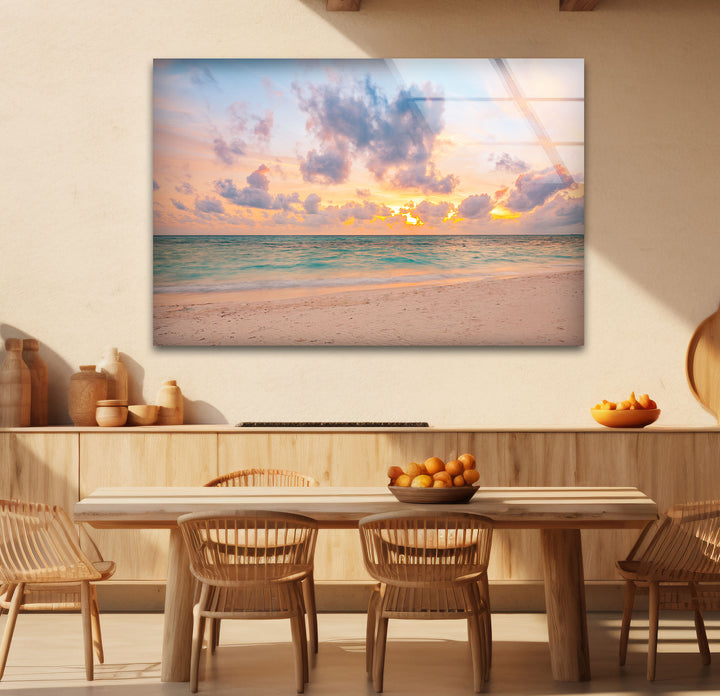 Pastel Beach Sunset Wall Art – Tranquil Ocean Shoreline Glass Print for Calm Spaces