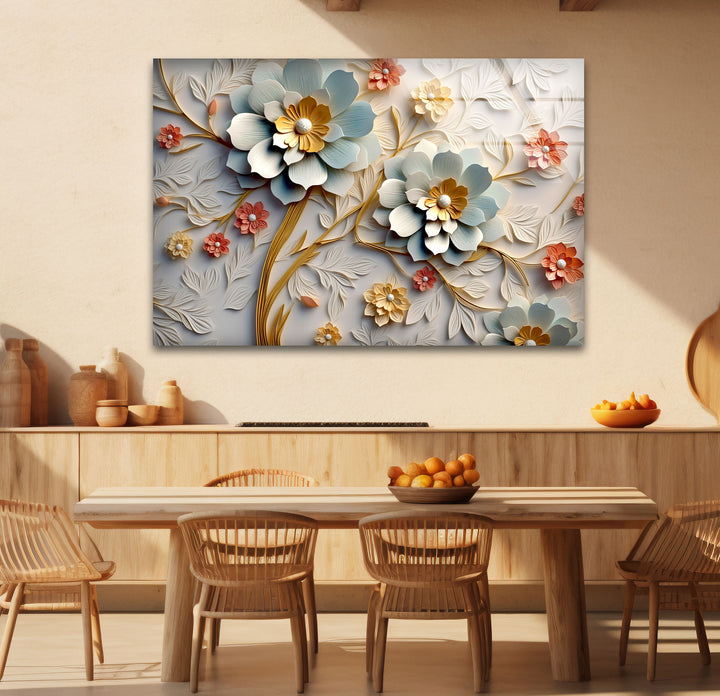 3D-Wandkunst mit blühenden Blumen – Eleganter Blumendruck aus geprägtem Glas 