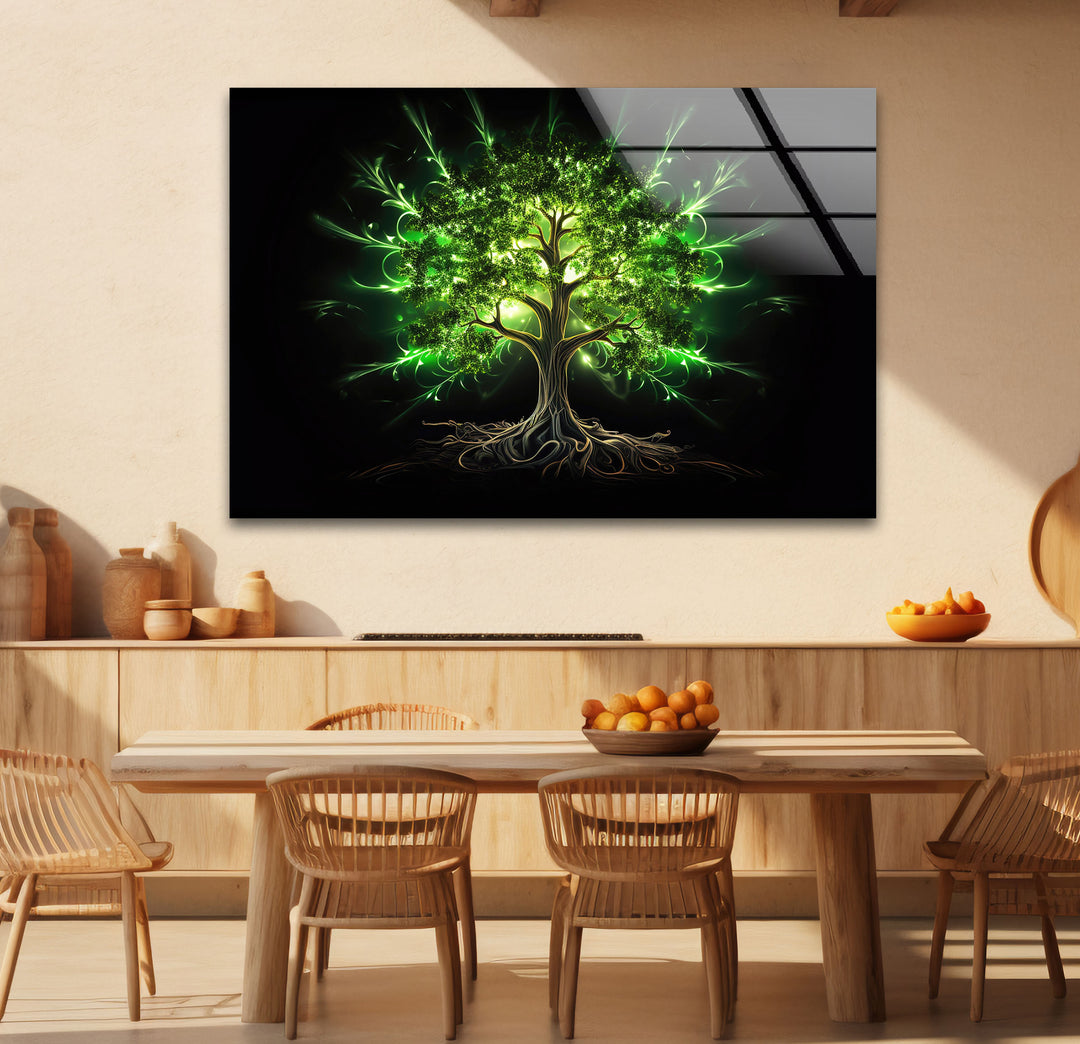 Enchanted Green Tree Wall Art – Glowing Nature-Inspired Glass Print with Dark Fantasy Vibes