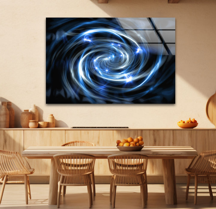 Spiralgalaxie-Wandkunst aus Glas – Blauer kosmischer Wirbel mit Sternenexplosionen