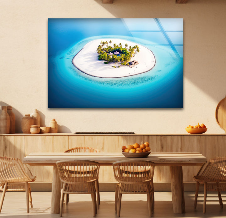 Tropical Island Wall Art – Aerial Beach Paradise Glass Print for Coastal Interiors