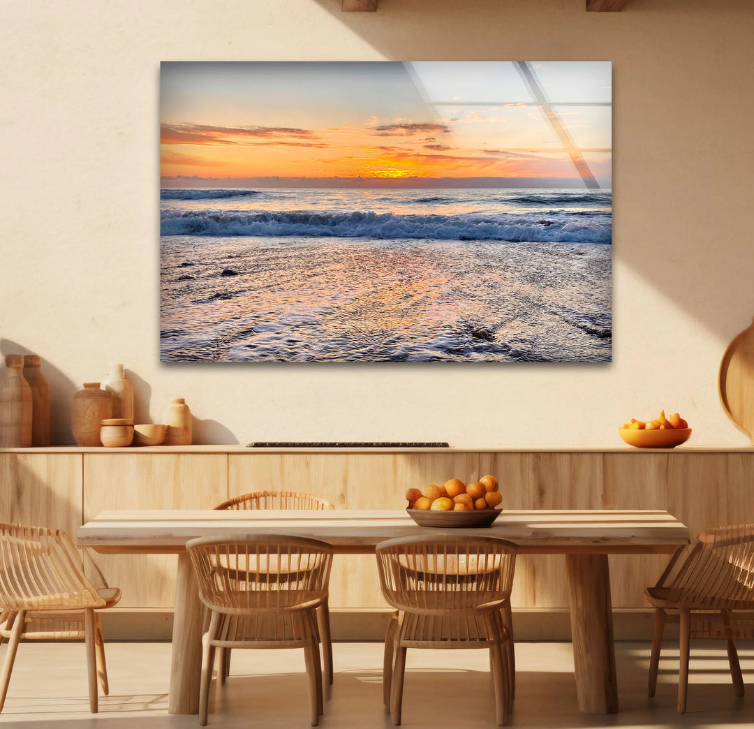 Golden Horizon Ocean Wall Art – Peaceful Sunset Beach Scene Glass Print - MyPhotoStation