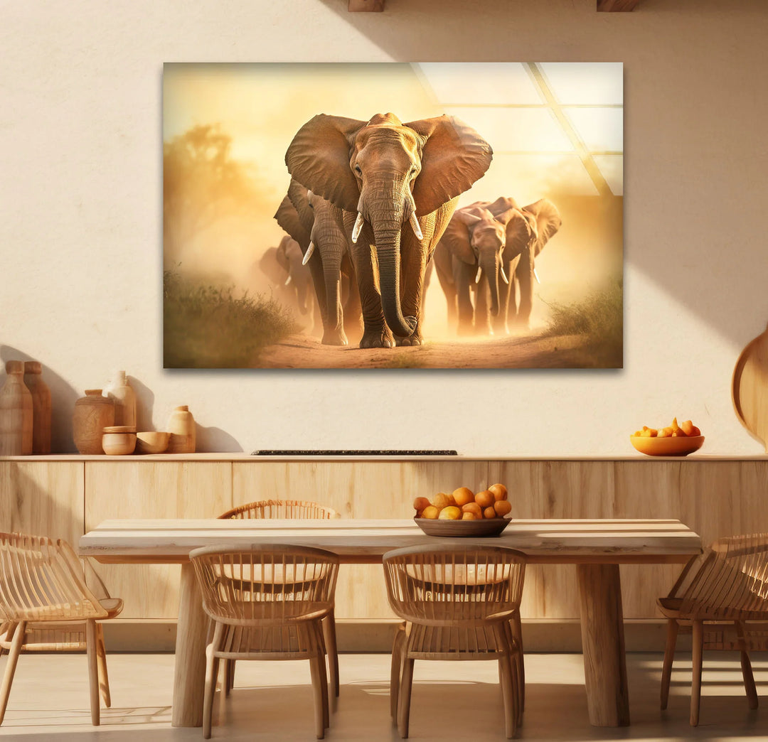 Elephant Herd Safari Wall Art – Majestic Wildlife Glass Print for Bold Natural Decor - MyPhotoStation