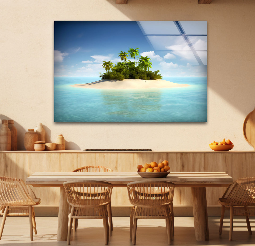 Tropical Island Escape Wall Art – Serene Beach Glass Print for Relaxing Interiors