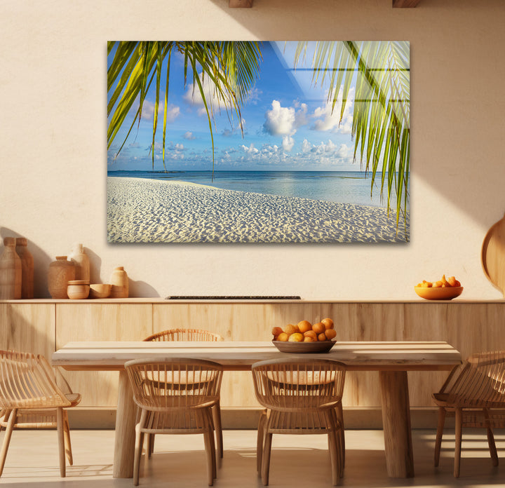 Tropical Palm Beach Wall Art – White Sand and Ocean Glass Print for Coastal Decor