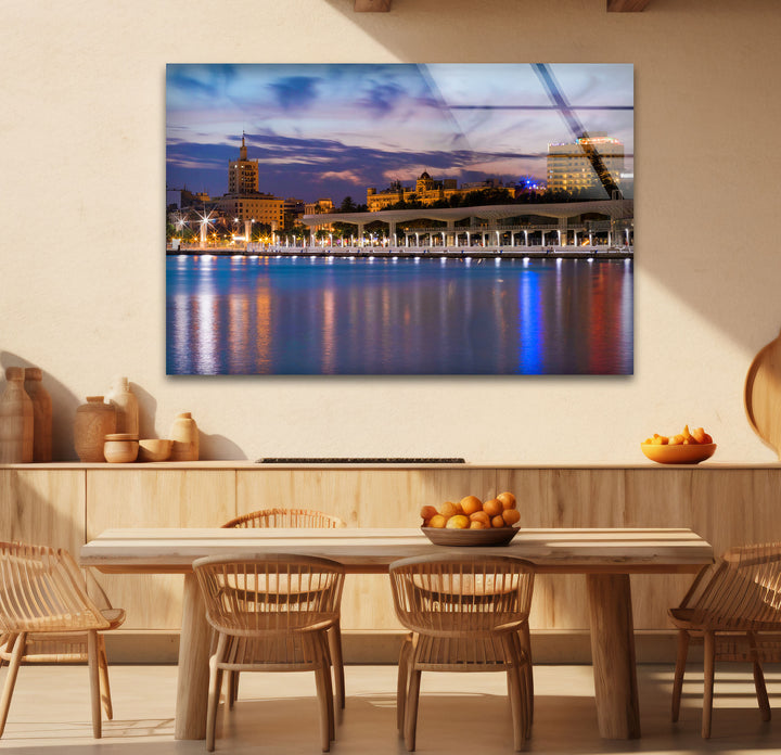 Malaga Waterfront Cityscape Wall Art – Dusk Skyline Glass Print for Urban Decor