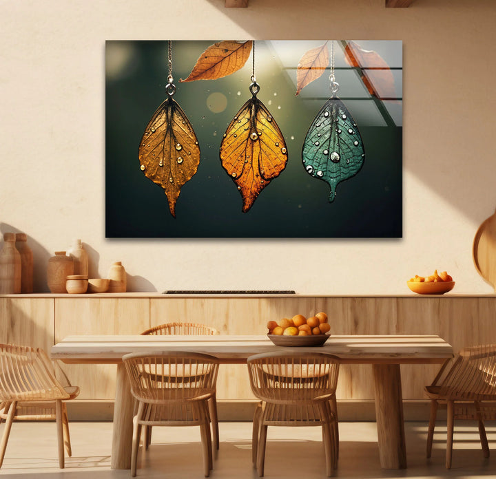 Autumn Dew Leaf Wall Art – Elegant Nature-Inspired Print with Golden & Teal Hues - MyPhotoStation