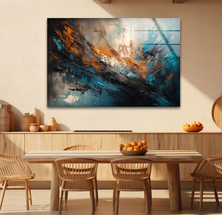 Modern Abstract Brushstroke Glass Wall Art – Teal and Copper Splash Print