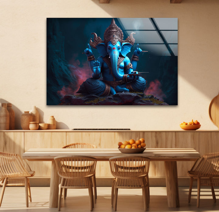 Blaue Ganesha-Wandkunst – Göttliche Hindu-Gottheit – Glasdruck für spirituelles Dekor 