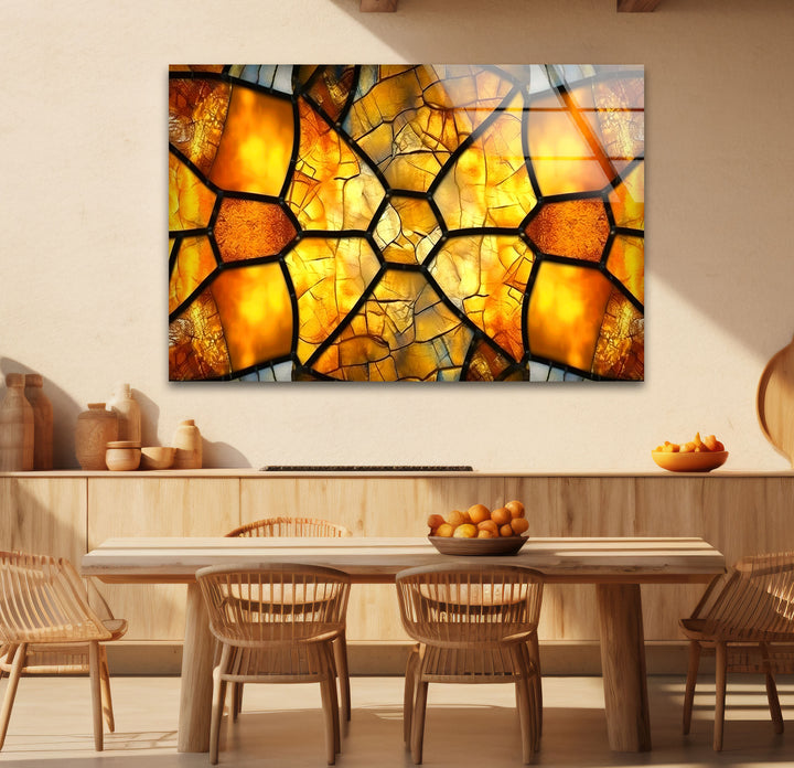 Golden Honeycomb Glass Wall Art – Amber Mosaic Geometric Decor
