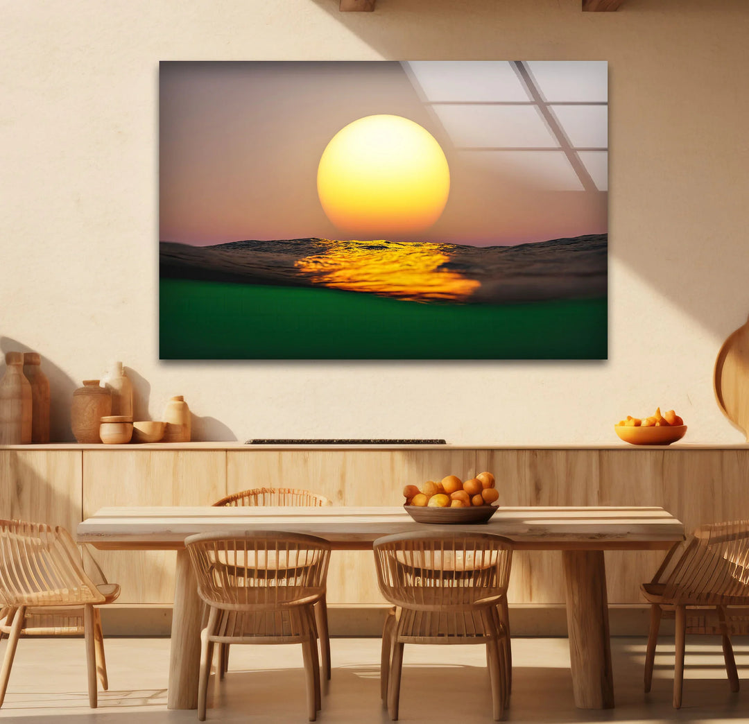 Golden Ocean Sunset Wall Art – Minimalist Sun over Water Glass Print for Modern Spaces - MyPhotoStation