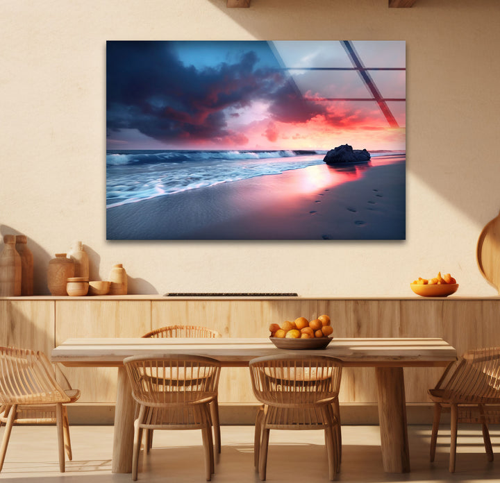 Dramatic Sunset Beach Wall Art – Stormy Sky and Footprints Glass Print for Bold Decor
