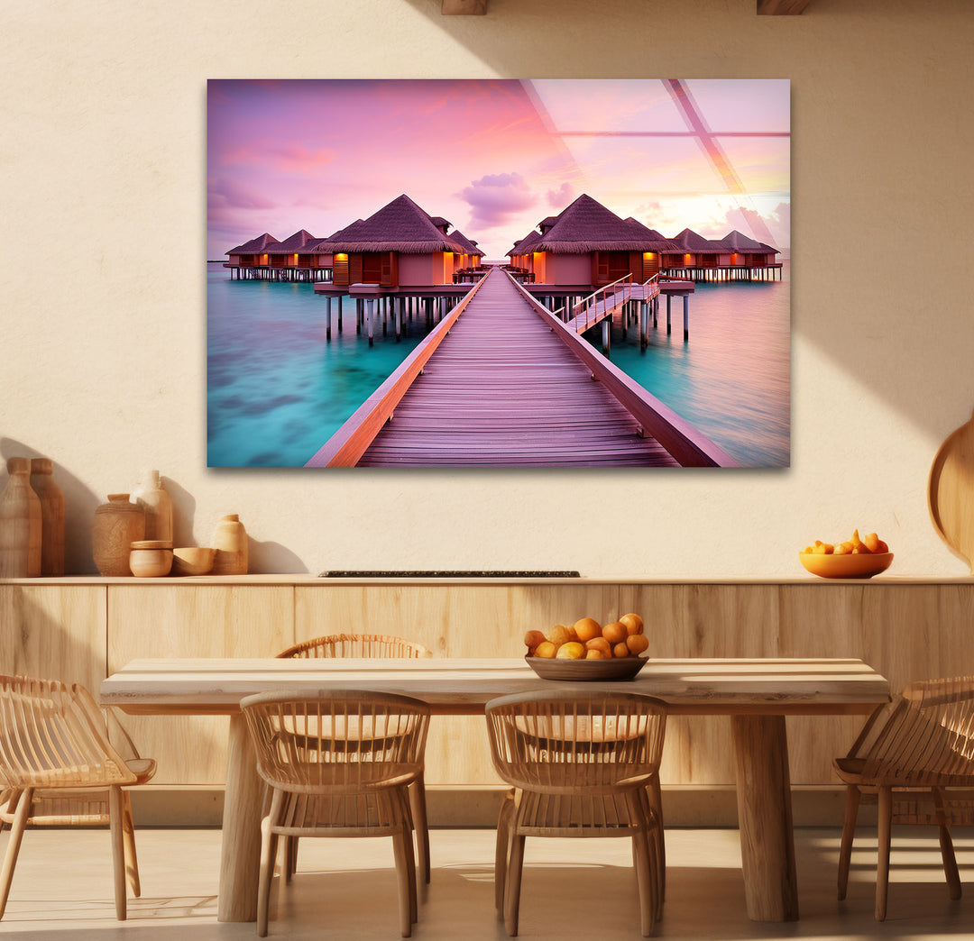 Maldives Sunset Resort Wall Art – Tropical Overwater Bungalows Glass Print Decor