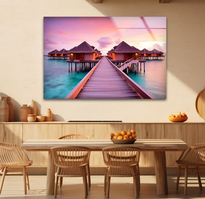 Maldives Sunset Resort Wall Art – Tropical Overwater Bungalows Glass Print Decor