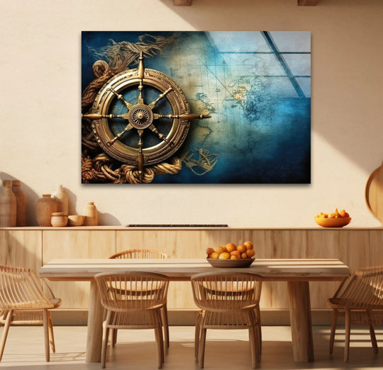 This art from glass showcases a layered effect with a vintage nautical compass overlapping a faded ocean map.