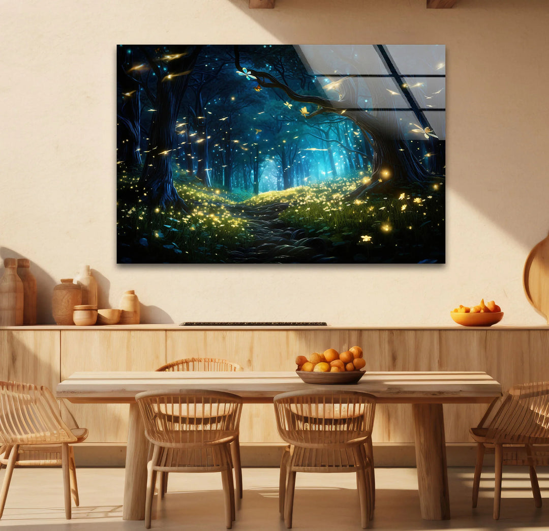 Enchanted Firefly Forest Wall Art – Magical Night Path Glass Print for Fantasy Decor - MyPhotoStation