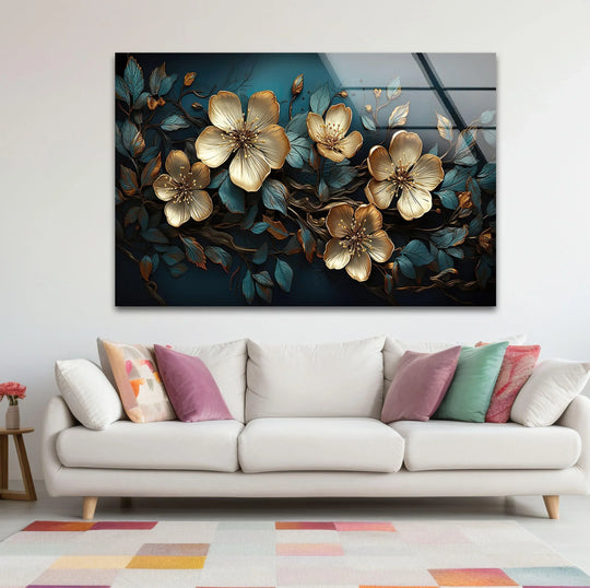 Golden floral hanging wall art transitions from deep teal leaves to luminous beige blossoms.