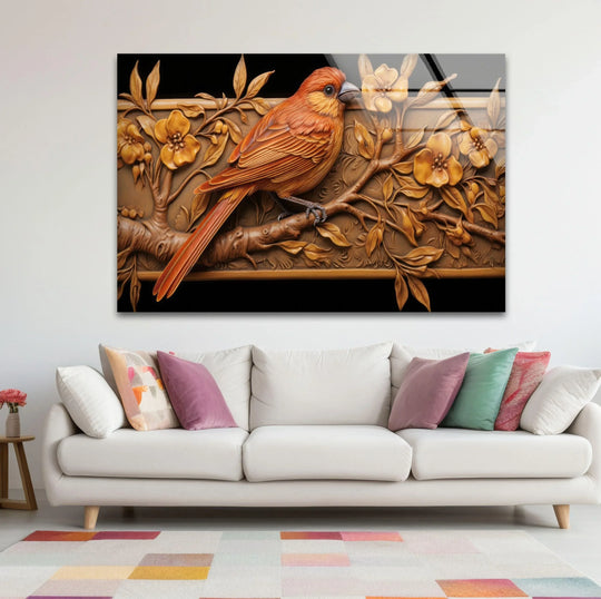 Goldfinch and flower glass wall art features a golden bird on a branch and is elegant animal art for nature themes and home decor on a white wall