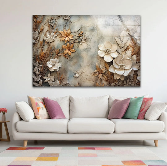 Dark areas of textured art from glass reveal the deep shadows and tones within this floral wall art.