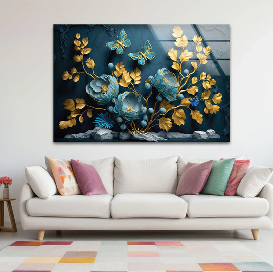 A vibrant yellow and blue floral glass art piece showcases exquisite 3D details with delicate golden leaves and sapphire butterflies adorning a navy background.