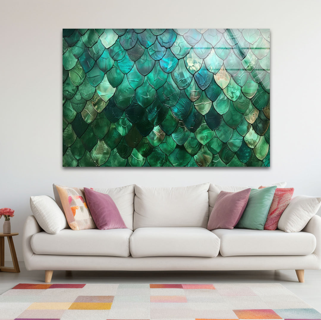 Organic forms of shimmering emerald scales create an abstract green glass art painting, rich with layered texture.