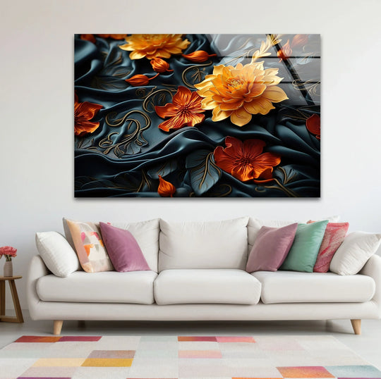 Botanical orange and black flowers rendered in realistic detail on a navy silk draped glass wall art, showcasing intricate petal textures.