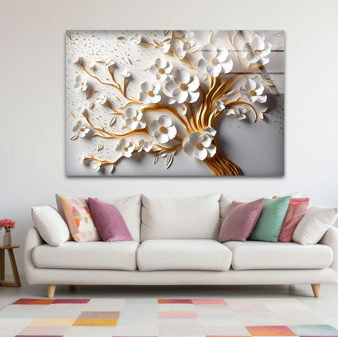 Gold and White Flower Tree Glass Wall Art Glass Printing Wall Art, Print photos on glass
